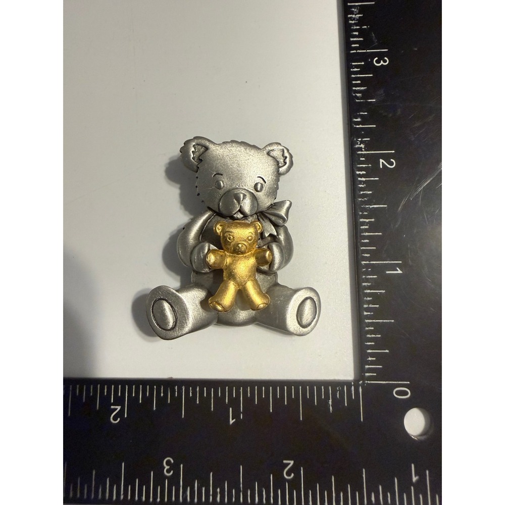 Vintage JJ Jonette Jewelry Teddy Bear Brooch Two Tone Silver Gold Pewter Pin